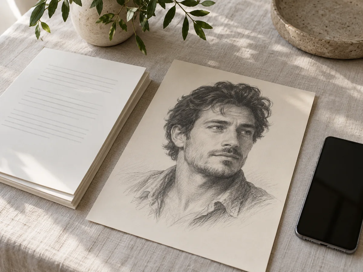 A printed pencil-style portrait beside blank printed pages and a smartphone, representing the Tina Aldea package